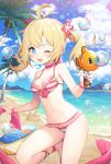  ;d antenna_hair bangs bare_shoulders beach bikini blonde_hair blue_eyes blue_sky blush breasts bubble cleavage cloud commentary_request day eyebrows_visible_through_hair hair_ornament hair_ribbon highres holding horizon kuang_(kzhw7588) leg_ribbon long_hair medium_breasts navel ocean one_eye_closed open_mouth original outdoors palm_tree red_footwear red_ribbon ribbon round_teeth sand shoes sky smile solo sparkle standing standing_on_one_leg star star_hair_ornament striped striped_bikini summer sunlight swimsuit teeth tree twintails upper_teeth water wristband 