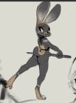  2018 anthro big_ears black_fur brown_fur butt female fur hindpaw lagomorph looking_back mammal multicolored_fur nude one_leg_up paws rabbit reign-2004 simple_background solo standing two_tone_fur 