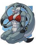  anthro big_breasts bikini breasts clothing female fish kurtassclear lips looking_at_viewer marine muscular piercing shark simple_background smile solo swimsuit 