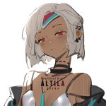  altera_(fate) alternate_costume bangs bare_shoulders breasts character_name choker cleavage closed_mouth collarbone copyright_name dark_skin earrings fate/grand_order fate_(series) jewelry looking_at_viewer lowres red_eyes shenq short_hair simple_background small_breasts solo tan white_background white_hair 