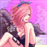  1girl bare_arms bare_shoulders breasts cleavage cloud hair_ornament hair_over_one_eye large_breasts leg_tattoo lips lipstick looking_back makeup one_piece pink_hair purple_eyes sherumaru_(korcht06) signature smile solo tattoo vinsmoke_reiju water 