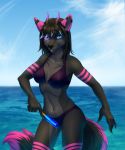  anthro bikini black_nose blue_eyes canine clothing day female food hair holding_object horn littlemomoko long_hair looking_at_viewer mammal navel nipple_bulge outside popsicle sky solo standing swimsuit water wolf 