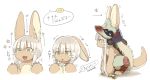 animal_ears closed_mouth directional_arrow ears_down eyebrows_visible_through_hair flower highres kawasemi27 looking_away made_in_abyss multiple_views nanachi_(made_in_abyss) open_mouth profile short_hair_with_long_locks sidelocks smile speech_bubble standing translated white_hair yellow_eyes 