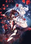  anklet baisi_shaonian barefoot black_gloves blue_eyes boots braid breasts brown_hair cleavage dress elbow_gloves flower gloves grey_hair hair_flower hair_ornament holding holding_sword holding_weapon jewelry long_hair medium_breasts multiple_girls outdoors red_eyes red_flower single_braid sword tianxia_shouyou weapon white_dress yantou828 