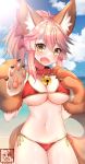  absurdres animal_ear_fluff animal_ears beach bell bell_collar bikini blush breasts cat_paws cleavage collar collarbone day eyebrows_visible_through_hair fang fangs fate/grand_order fate_(series) fox_ears fox_tail gloves hair_ribbon highres long_hair looking_at_viewer navel neko_lu ocean open_mouth outdoors paw_gloves paws pink_hair ponytail red_bikini red_ribbon ribbon side-tie_bikini solo sunlight swimsuit tail tamamo_(fate)_(all) tamamo_cat_(fate) 