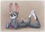  2018 anthro big_ears bikini bra breasts brown_background butt clothed clothing disney female fur grey_fur hindpaw judy_hopps krrrokozjabrra lagomorph legs_up looking_at_viewer lying mammal multicolored_fur on_front panties paws pink_nose purple_eyes rabbit simple_background skimpy smile solo swimsuit two_tone_fur underwear whiskers white_fur zootopia 