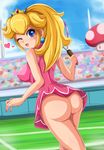  blonde_hair blue_eyes bottomless breasts crown dress earrings jewelry large_breasts lipstick long_hair looking_back makeup mario_(series) mushroom nail_polish nintendo one_eye_closed pink_dress ponytail princess_peach racket sigurd_hosenfeld solo super_mario_bros. tennis tennis_racket 