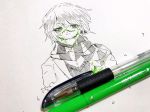  bangs commentary creepypasta eguchi_saan green_eyes greyscale highres homicidal_liu looking_at_viewer marker marker_(medium) monochrome paper_(medium) pen pen_(medium) scarf solo spot_color stitched_mouth stitches striped striped_scarf traditional_media 