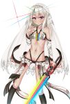  altera_(fate) altera_(fate)_(cosplay) black_legwear black_nails breasts cameltoe closed_mouth collarbone cosplay dark_skin detached_sleeves fate/extella fate/extra fate/kaleid_liner_prisma_illya fate_(series) fingernails full_body_tattoo groin hand_up highres holding holding_sword holding_weapon illyasviel_von_einzbern kneehighs long_hair long_sleeves looking_at_viewer microskirt nail_polish navel photon_ray puririn red_eyes revealing_clothes see-through silver_hair simple_background skirt small_breasts solo sword tattoo veil weapon white_background white_skirt 