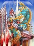  2018 anal anal_penetration anthro biceps blue_eyes blue_scales capcom cum cum_cannon cum_inside cumshot dragon duo ejaculation elder_dragon erection fanged_wyvern flying fur holding_character horn jacketbear male male/male mane monster_hunter motion_blur muscular muscular_male orgasm penetration penis rathalos red_scales scales sex smile spines tuft valstrax video_games wings zinogre 