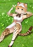  animal_ears black_bow black_neckwear blonde_hair blush bow bow_panties bowtie breasts bug butterfly choir_(artist) closed_mouth commentary_request convenient_leg elbow_gloves eyebrows_visible_through_hair fur_collar gloves gradient_hair grass highres insect jaguar_(kemono_friends) jaguar_ears jaguar_print jaguar_tail kemono_friends lying medium_breasts multicolored_hair no_panties object_on_head on_back panties panties_on_head shirt short_hair sleeveless sleeveless_shirt smile solo tail thighhighs two-tone_hair underwear white_hair white_panties white_shirt yellow_eyes 