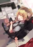  1girl :o blonde_hair censored chair desk eraser erection eyebrows_visible_through_hair file from_above girls_frontline gloves green_eyes heart heart_censor hetero highres jewelry keyboard looking_back mouse_(computer) necktie office_chair pen penis ring sitting skindentation socks solo_focus surprised tears thigh_strap twintails wedding_band welrod_mk2_(girls_frontline) yueqin_(monnpiano) 