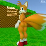  3d_(artwork) aged_up anthro blender_(software) butt digital_media_(artwork) looking_at_viewer male miles_prower moorsheadfalling solo sonic_(series) text video_games 