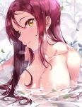  absurdres alternate_breast_size bangs blush breasts cleavage collarbone hair_between_eyes head_tilt highres large_breasts leaf long_hair looking_at_viewer love_live! love_live!_sunshine!! nude orange_eyes parted_lips partially_submerged red_hair sakurauchi_riko solo tem10 water wet wet_hair 