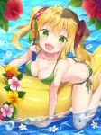  :d absurdres banana_boat bikini blonde_hair blush breasts cleavage collarbone eyebrows_visible_through_hair floating_hair flower green_bikini green_eyes gun hacka_doll hacka_doll_1 hair_between_eyes hair_ornament hibiscus highres holding holding_gun holding_weapon jimmy long_hair looking_at_viewer medium_breasts open_mouth pink_flower red_flower shiny shiny_hair side-tie_bikini smile solo swimsuit twintails water water_gun weapon yellow_flower 