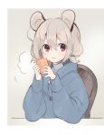  akagashi_hagane alternate_costume animal_ears bangs blue_jacket blush breath casual chair contemporary cup eyebrows_visible_through_hair grey_background grey_hair hair_between_eyes hair_tie hands_up holding holding_cup jacket long_sleeves looking_at_viewer mouse_ears mug nazrin parted_lips red_eyes short_hair simple_background sitting smile solo touhou turtleneck upper_body 