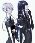  androgynous blue_eyes blue_hair elbow_gloves gem_uniform_(houseki_no_kuni) ghost_quartz_(houseki_no_kuni) gloves hair_over_one_eye hime_cut houseki_no_kuni lapis_lazuli_(houseki_no_kuni) long_hair looking_at_viewer multiple_others necktie saku_(saku5991) short_hair_with_long_locks silver_hair white_eyes white_hair 