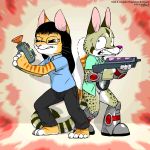  anthro black_hair bottomless brown_eyes clothed clothing drjavi duo eyewear female genet glasses green_eyes gun hair male mammal ranged_weapon viverrid weapon young 