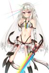 altera_(fate) altera_(fate)_(cosplay) black_legwear black_nails breasts cameltoe closed_mouth collarbone commentary_request cosplay detached_sleeves fate/extella fate/extra fate/kaleid_liner_prisma_illya fate_(series) fingernails full_body_tattoo groin hand_up highres holding holding_sword holding_weapon illyasviel_von_einzbern kneehighs long_hair long_sleeves looking_at_viewer microskirt nail_polish navel photon_ray puririn red_eyes revealing_clothes see-through silver_hair simple_background skirt small_breasts solo sword tattoo veil weapon white_background white_skirt 