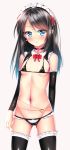  asashio_(kantai_collection) ass_visible_through_thighs bangs bikini black_bikini black_choker black_hair black_legwear blue_eyes blush bow bowtie breasts brown_background cameltoe choker commentary_request cowboy_shot detached_sleeves earrings eyebrows_visible_through_hair frilled_legwear frilled_sleeves frills groin hair_between_eyes heart heart_earrings highres jewelry kantai_collection long_hair long_sleeves maid_headdress navel parted_lips puririn red_neckwear red_ribbon ribbon simple_background small_breasts solo standing swimsuit thighhighs 
