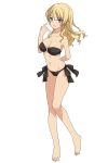  alternate_hairstyle arm_behind_back bangs barefoot bikini blonde_hair blue_eyes breasts cleavage closed_mouth collarbone commentary_request darjeeling full_body girls_und_panzer groin hair_down legs light_smile long_hair looking_at_viewer medium_breasts navel o-ring o-ring_bikini side-tie_bikini simple_background solo sonasiz standing strapless strapless_bikini swept_bangs swimsuit thighs wavy_hair white_background 