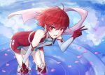  armor blush dress fire_emblem fire_emblem_if gloves hinoka_(fire_emblem_if) ippers looking_at_viewer red_eyes red_hair short_hair smile solo v water 