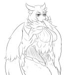  bangs breasts commentary english_commentary eyebrows_visible_through_hair feathers fluffy fur_collar greyscale hair_between_eyes harpy highres large_breasts lineart monochrome monster_girl monster_girl_encyclopedia nav owl_mage_(monster_girl_encyclopedia) solo thick_eyebrows winged_arms 