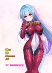  ass_visible_through_thighs belt blue_hair blush bodysuit breasts c.r. cameltoe chaps commentary_request covered_navel covered_nipples cowboy_shot gloves highres kula_diamond large_breasts long_hair looking_at_viewer navel red_eyes skin_tight smile snk solo the_king_of_fighters very_long_hair zipper 