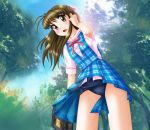  :o antenna_hair bad_arm bag blue_dress blue_sky blush braid brown_eyes brown_hair day dress from_below handbag katsuragi_ayane long_hair looking_at_viewer neopure outdoors plaid plaid_dress school_swimsuit school_uniform short_sleeves sidelocks sky swimsuit swimsuit_under_clothes tree true_love_story 