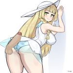  1girl against_wall ass bangs blonde_hair blunt_bangs blush braid breasts creatures_(company) disembodied_penis dress female game_freak green_eyes hat large_breasts lillie_(pokemon) nintendo nisetanaka panties penis pokemon pokemon_(game) pokemon_sm sleeveless sleeveless_dress smile solo striped striped_panties sun_hat uncensored underwear white_background white_dress 
