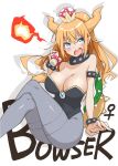  1girl bare_shoulders black_leotard blonde_hair blue_eyes blush bowsette bracelet breasts bright_pupils character_name cleavage collar commentary crown drop_shadow grey_legwear hair_between_eyes hayashi_(l8poushou) holding jewelry large_breasts legs_crossed leotard lizard_tail long_hair looking_at_viewer mario_(series) mushroom new_super_mario_bros._u_deluxe nintendo open_mouth pantyhose ponytail sharp_teeth sitting solo spiked_bracelet spiked_collar spiked_shell spiked_tail spikes super_crown tail teeth turtle_shell venus_symbol white_background 
