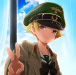  black_neckwear blonde_hair blue_sky blurry blurry_foreground bow bowtie brown_eyes brown_jacket closed_mouth cloud cloudy_sky commentary curtains day depth_of_field erwin_(girls_und_panzer) girls_und_panzer goggles goggles_on_headwear green_hat half-closed_eyes hat indoors jacket light_particles long_sleeves looking_at_viewer military_hat military_jacket ooarai_school_uniform open_clothes open_jacket peaked_cap pointy_hair short_hair sky smile solo sonasiz upper_body v window 