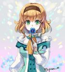  bangs blonde_hair blue_flower breasts brown_hairband cravat eyebrows_visible_through_hair flower fujimaru_(green_sparrow) green_eyes hairband holding holding_flower long_sleeves lowres medium_breasts natalia_luzu_kimlasca_lanvaldear short_hair solo tales_of_(series) tales_of_the_abyss twitter_username upper_body yellow_neckwear 