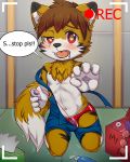  4_fingers anthro black_nose blush briefs brown_fur brown_hair bulge canine child clothing cub drooling electric_stimulation fox fur hair kneeling male mammal overalls red_eyes ritorutaiga saliva sex_toy shaking solo underwear vibrator white_fur young 