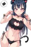  absurdres animal_ears ass_visible_through_thighs bare_arms bare_shoulders bell bell_choker black_bra black_choker black_panties blue_eyes blue_hair bra cat_cutout cat_ear_panties cat_ears cat_girl cat_lingerie cat_tail choker cleavage_cutout collarbone frilled_bra frills groin hair_bun highres jingle_bell lifted_by_self long_hair love_live! love_live!_sunshine!! meme_attire navel panties purple_eyes side-tie_panties side_bun solo speech_bubble strap_lift tail tem10 tsushima_yoshiko underwear underwear_only very_long_hair 