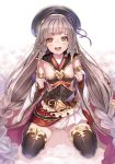  bangs belt beret black_hat black_legwear braid brown_hair detached_sleeves gold_trim granblue_fantasy hat heterochromia highres long_hair looking_at_viewer open_mouth pholia shimofuri short_eyebrows thighhighs very_long_hair 