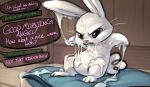  2018 angel_(mlp) angry black_eyes carrot_(artist) cum cum_covered cum_on_body dialogue english_text feral friendship_is_magic fur hi_res lagomorph long_ears male mammal messy my_little_pony offscreen_character pillow pink_nose rabbit solo speech_bubble text whiskers white_fur 