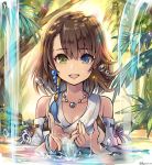  :d bangs blue_eyes bracelet breasts brown_hair cleavage collarbone detached_sleeves eyebrows_visible_through_hair final_fantasy final_fantasy_x fujimaru_(green_sparrow) green_eyes heterochromia jewelry medium_breasts medium_hair necklace open_mouth ribbon-trimmed_sleeves ribbon_trim smile solo teeth water yuna_(ff10) 