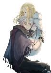  1girl blonde_hair bracelet cloak closed_eyes dress fringe_trim gloves highres hug jewelry long_hair octopath_traveler ophilia_(octopath_traveler) short_hair simple_background smile therion_(octopath_traveler) white_hair wspread 