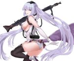  :d ass breasts commentary_request cowboy_shot eyebrows_visible_through_hair eyes_visible_through_hair from_side girls_frontline gloves gun hat high_heels highres large_breasts leg_up long_hair machine_gun mg42 mg42_(girls_frontline) open_mouth over_shoulder panties pleated_skirt purple_eyes shiben_(ugvu5784) sideboob silver_hair simple_background skirt sling smile solo striped striped_panties thighhighs thighs twintails underwear upper_teeth very_long_hair weapon white_background white_gloves 