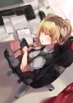  :o blonde_hair chair desk eraser file from_above girls_frontline gloves green_eyes highres jewelry keyboard looking_back mouse_(computer) necktie office_chair pen ring sitting skindentation socks solo thigh_strap twintails wedding_band welrod_mk2_(girls_frontline) yueqin_(monnpiano) 