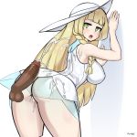  1girl against_wall ass bangs blonde_hair blunt_bangs blush braid breasts creatures_(company) cum cum_in_pussy cum_on_body cum_on_clothes cum_on_lower_body cumdrip dark_penis disembodied_penis dress eyes_closed female game_freak green_eyes hat interracial large_breasts lillie_(pokemon) nintendo nisetanaka open_mouth penis pokemon pokemon_(game) pokemon_sm sleeveless sleeveless_dress solo sun_hat uncensored white_background white_dress 
