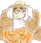  2018 anthro bear bismasouen blush brown_fur clothing eyewear food fruit fur glasses gloves hat humanoid_hands male mammal overweight overweight_male pumpkin sitting solo straw_hat tokyo_afterschool_summoners volos 