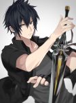  bangs black_collar black_hair black_jacket blue_eyes final_fantasy final_fantasy_xv fingerless_gloves gloves grey_shirt hair_between_eyes highres holding holding_sword holding_weapon jacket looking_to_the_side male_focus noctis_lucis_caelum open_clothes open_jacket parted_lips shirt short_hair single_glove spiked_hair sword weapon yawatofu 