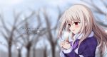  bare_tree blonde_hair blurry blurry_background blush can cat coat commentary copyright_name eyebrows_visible_through_hair fate/kaleid_liner_prisma_illya fate_(series) fur-trimmed_sleeves fur_collar fur_trim hair_between_eyes highres holding holding_can illyasviel_von_einzbern long_hair morokoshi_(tekku) parted_lips plaid_coat red_eyes smile snowing solo steam tree upper_body winter winter_clothes winter_coat 