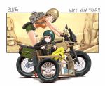  2girls anbj backpack bag bare_arms black_hair black_jacket breasts brown_eyes camouflage_print chin_strap commentary crop_top crossover driving frying_pan green_eyes ground_vehicle gun happy_new_year helmet holding holding_weapon idolmaster idolmaster_cinderella_girls jacket kriss_vector large_breasts light_brown_hair long_sleeves looking_back looking_to_the_side midriff morikubo_nono motor_vehicle motorcycle motorcycle_helmet multiple_girls new_year pants playerunknown's_battlegrounds ponytail shirt shoes short_shorts short_sleeves shorts sidecar sitting spare_tire submachine_gun t-shirt thigh_strap weapon yamato_aki yellow_pants 