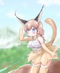  animal_ears arm_up artist_logo belt blue_eyes blue_sky blush bow bowtie brown_gloves brown_hair brown_legwear brown_neckwear brown_skirt caracal_(kemono_friends) caracal_ears caracal_tail commentary_request cross-laced_clothes day elbow_gloves extra_ears eyebrows_visible_through_hair gloves high-waist_skirt highres kemono_friends long_hair mountain outdoors shirt skirt sky sleeveless sleeveless_shirt solo tail thighhighs uho_(uhoyoshi-o) white_belt 