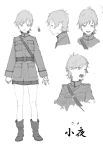  absurdres ankle_boots belt boots breast_pocket closed_mouth expressions girls_und_panzer greyscale highres jacket long_sleeves looking_at_viewer military military_uniform monochrome original pocket short_hair simple_background skirt standing translation_request uniform white_background zennosuke 