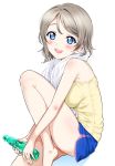  bangs barefoot blue_eyes blue_shorts blush bottle breasts camisole eyebrows_visible_through_hair grey_hair hair_between_eyes holding knee_up looking_at_viewer love_live! love_live!_sunshine!! medium_breasts open_mouth ramune round_teeth rozen5 short_hair short_shorts shorts side_slit simple_background sitting solo sweat teeth toes_out_of_frame towel towel_around_neck upper_teeth watanabe_you wet wet_hair white_background yellow_camisole 
