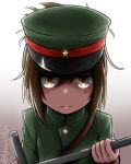  admiral_paru alternate_costume baton brown_eyes brown_hair commentary english_commentary folded_ponytail gradient gradient_background grey_background hat highres inazuma_(kantai_collection) kantai_collection long_hair looking_at_viewer military military_uniform peaked_cap plasma-chan_(kantai_collection) solo tonfa twitter_username uniform upper_teeth weapon white_background 